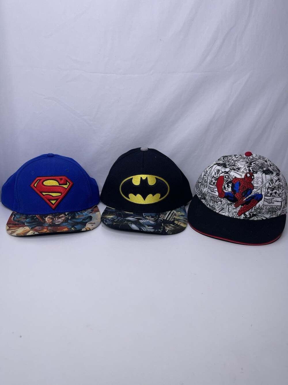Lot 3 Superhero Snapback Hats Batman Superman Spiderman Comic Graphic Brim Caps